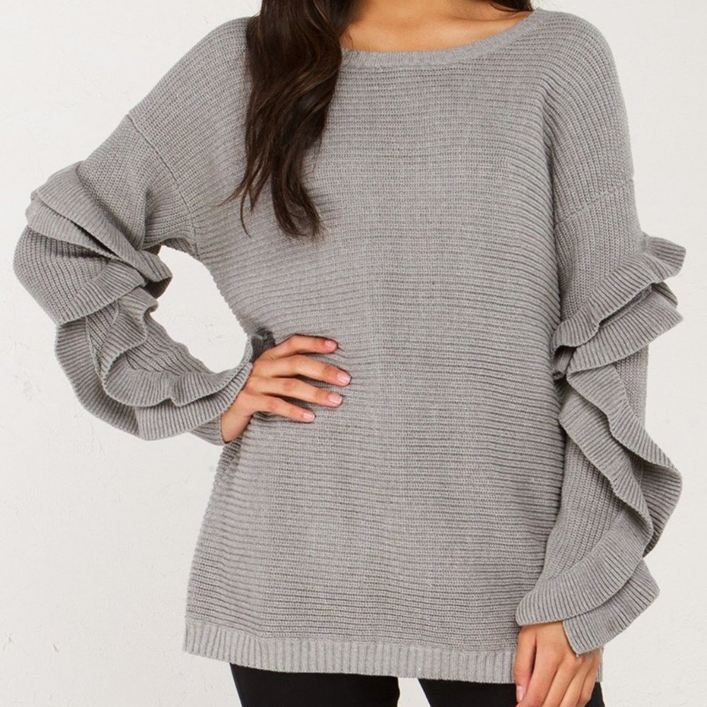 Women Gray Ruffled Long Sleeve Oversize Sweater XL